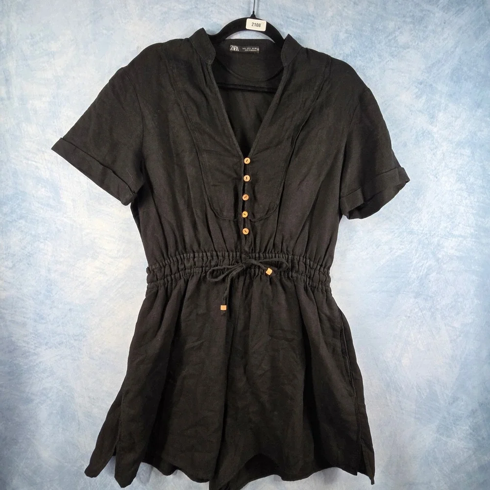 Zara Black Linen Blend Short Sleeve Button Front Drawstring Romper Womens M